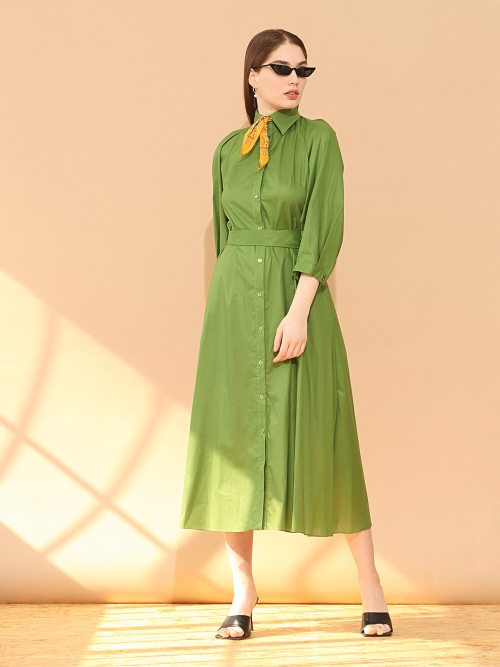 green shirt dress with belt Current Air Women's Belted Buttondown Shirt Dress FOREST GREEN / S