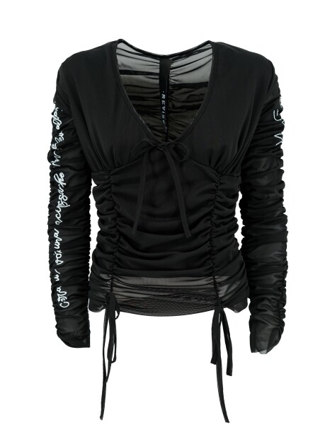 Top arricciato con ricamo lettering - 1