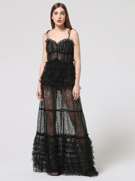 Long transparent dress in lace and rouches - 5