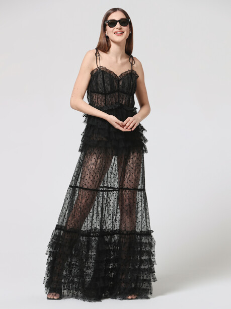 Long transparent dress in lace and rouches - 4