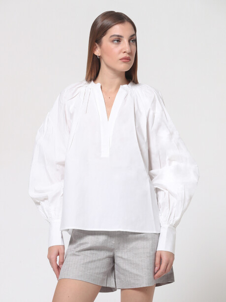 Blusa con scollo a V in popeline - 3