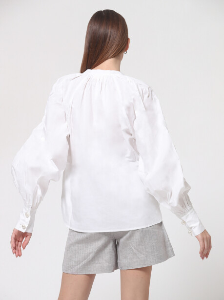 Blusa con scollo a V in popeline - 4