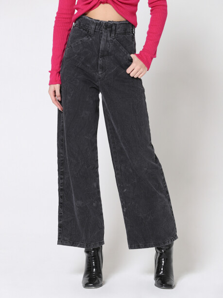 Jeans wide leg con vita elasticizzata in denim nero - 1