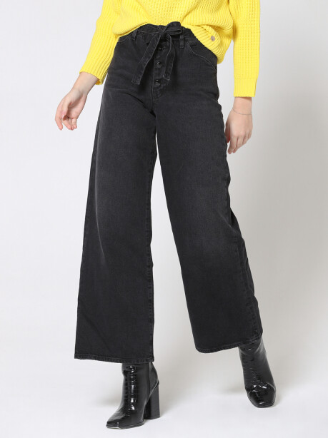 Jeans wide leg con cintura in denim nero - 4