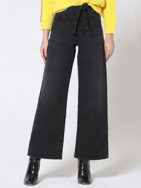 Jeans wide leg con cintura in denim nero - 5