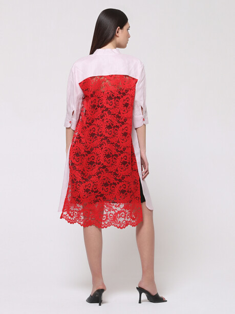 Two-tone dress in linen and rebrodè lace - 4