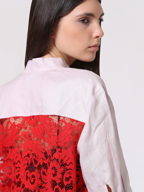 Two-tone dress in linen and rebrodè lace - 5