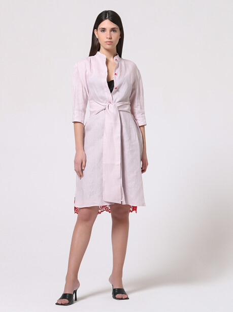 Two-tone dress in linen and rebrodè lace - 6