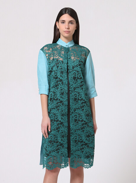Two-tone dress in linen and rebrodè lace - 2