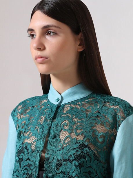 Two-tone dress in linen and rebrodè lace - 3