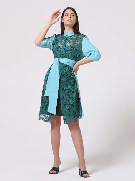Two-tone dress in linen and rebrodè lace - 1