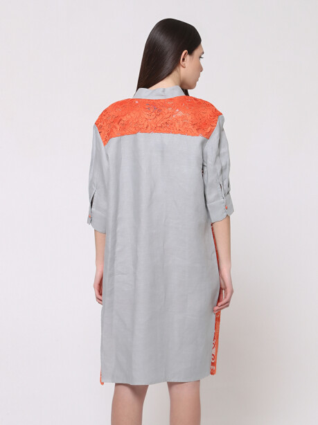 Two-tone dress in linen and rebrodè lace - 5