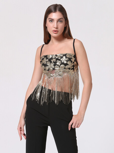 Crop top con fiori ricamati oro e frange - 3