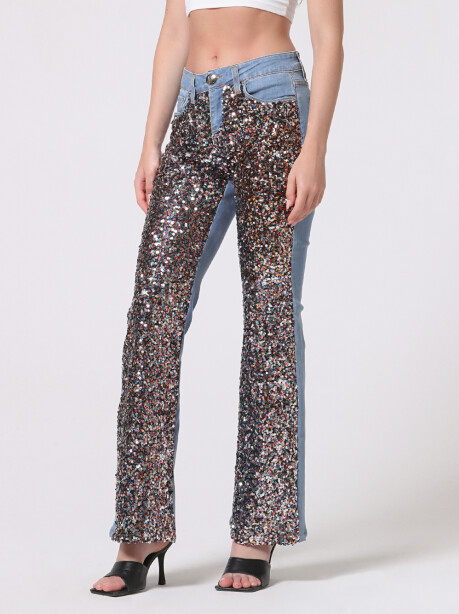 Jeans flare con fronte full paillettes - 1