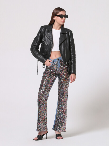 Jeans flare con fronte full paillettes - 4