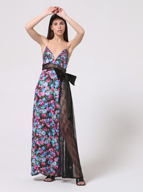 Floral print maxi dress with lace - 5