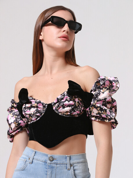 Crop top effetto bustier fantasia floreale - 3