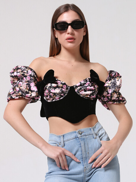 Crop top effetto bustier fantasia floreale - 6