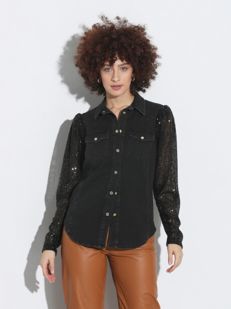 Camicia in denim con manica in paillettes - 1