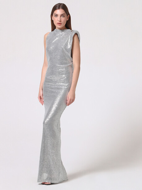 Long one-shoulder dress in full paillettes - 3