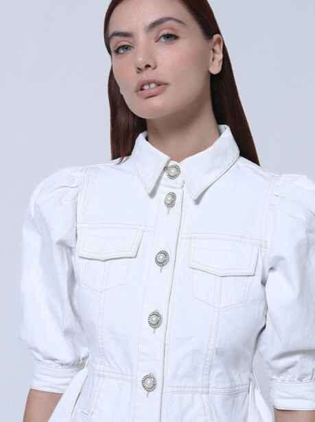 White denim dress with jewel buttons - 6