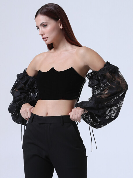 Crop top bustier con maniche in pizzo - 3