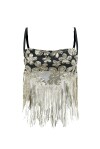 Crop top con fiori ricamati oro e frange - 1
