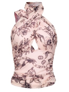 Sleeveless asymmetric top in tattoo print