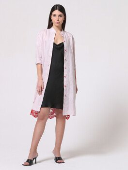 Two-tone dress in linen and rebrodè lace - 3