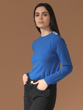 Cashmere sweater with jewel buttons on the shoulder - 3