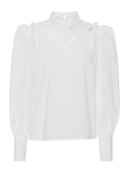 Blusa a collo alto con balze e decorazioni sul retro
